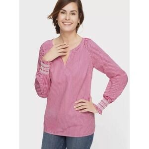 Talbots Butterfly Stripe Smocked Cuff Raglan Popover Blouse Women Pink White